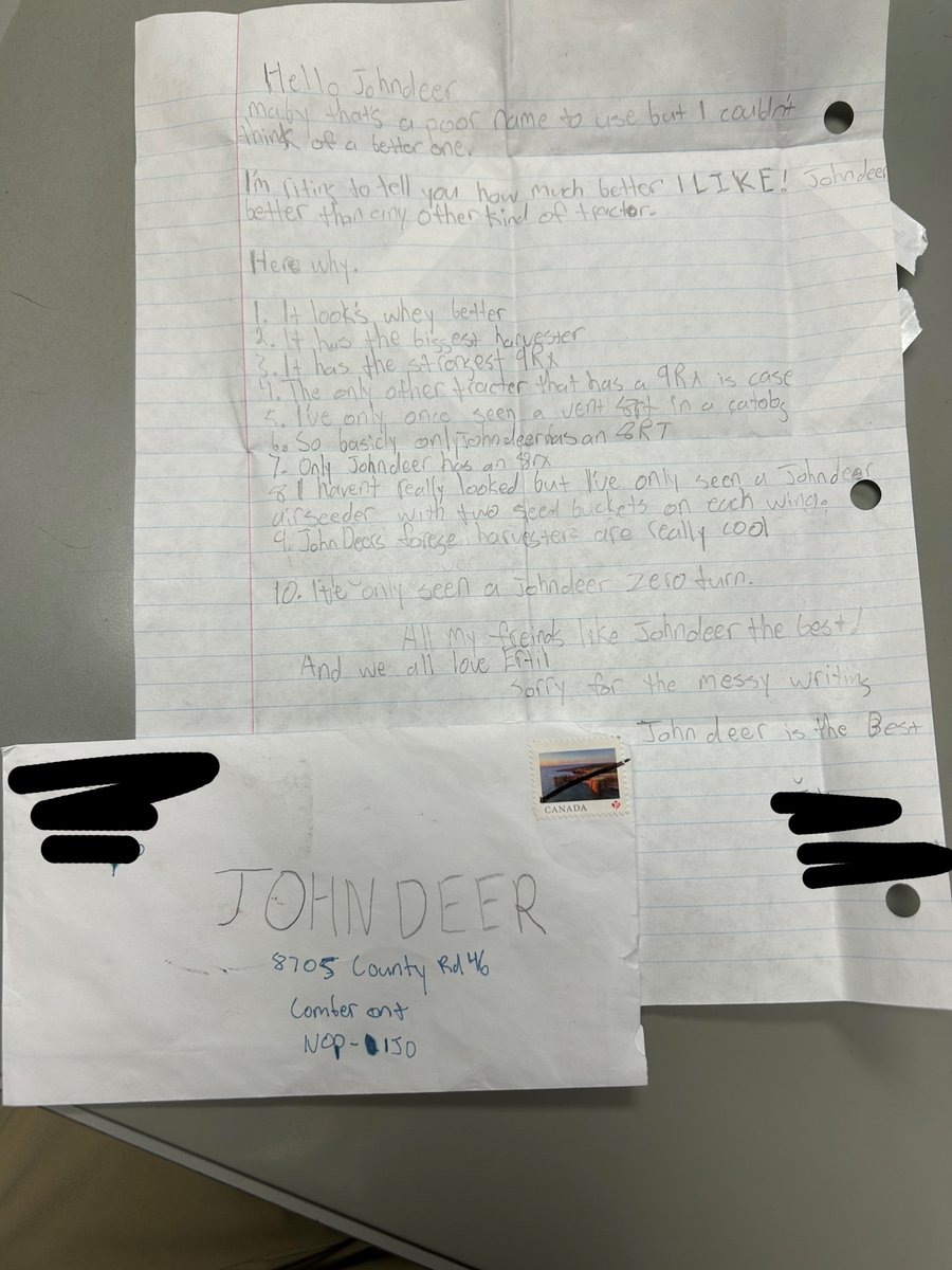 Our Huron Tractor Comber store received the sweetest letter from a young John Deere fan who just had to tell us how much he loves the green machines.

Safe to say, it made our whole day. Stay tuned, buddy. We’ve got a little surprise heading your way. 😉