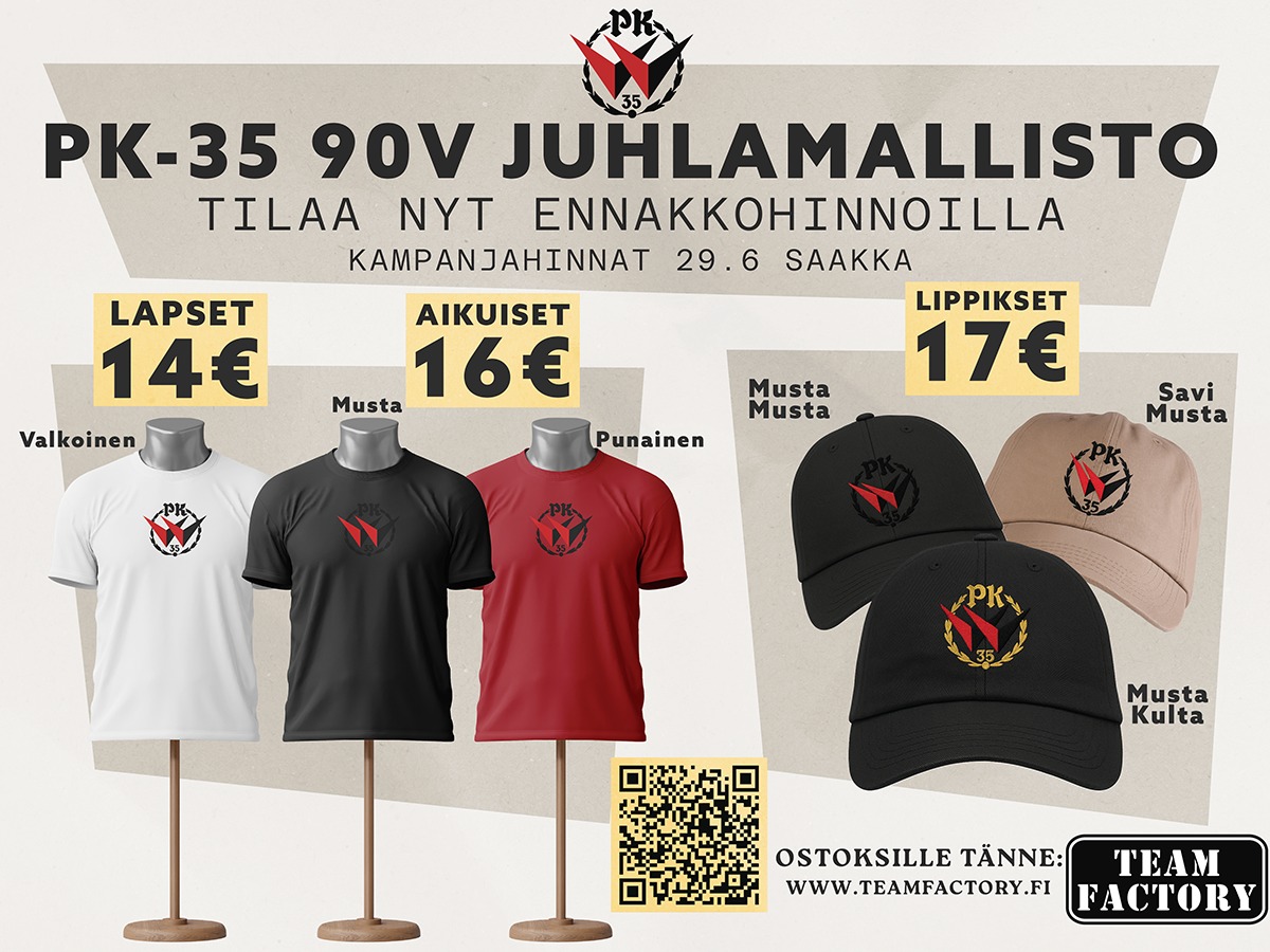 PK-35 90v juhlamallisto myyntiin! Käy ostamassa omasi.

Lähdetään liikkeelle lippiksillä ja t-paidoilla. Ensi viikolla saadaan mukaan vielä baseball mallinen collegetakki. Huom. kampanjahinnat 29.6. saakka.

Ostoksille:
teamfactory.fi/category/569/p…
