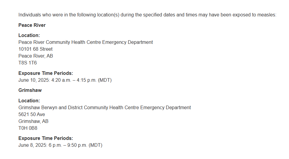 Alberta Health Services has been notified of people with confirmed measles in the North Zone who have been in a public setting while infectious. Additional locations may be released if necessary. Learn more at: albertahealthservices.ca/news/Page19111…