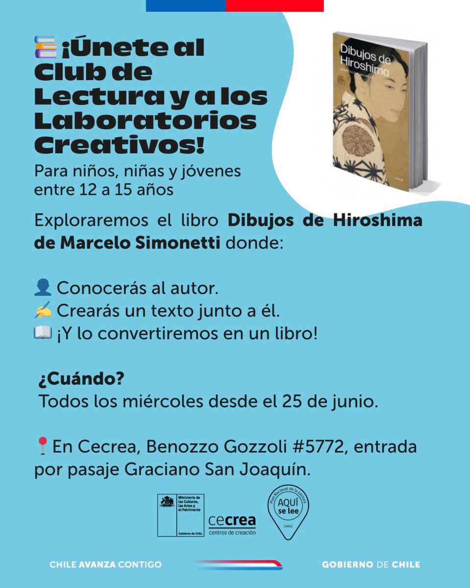 Culturas_RM's tweet photo. 🗣️¿Tienes entre 12 y 15 años? Ven a Cecrea San Joaquín y crea tu propio libro en talleres gratuitos de lectura y escritura con escritores como Marcelo Simonetti, Carla Davico y Lorena Díaz. ¡Inscríbete! 📚✍️ https://t.co/TsDpK7xWHY #Cecrea #LecturaJuvenil https://t.co/swO2bABcXn