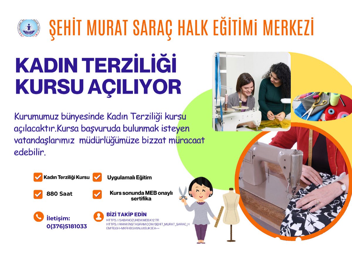 Kurumumuz bünyesinde Kadın Terziliği kursu açılacaktır.Kursa başvuruda bulunmak isteyen hanımlar müdürlüğümüze bizzat müracaat etmelidir 🌸🪡🧵