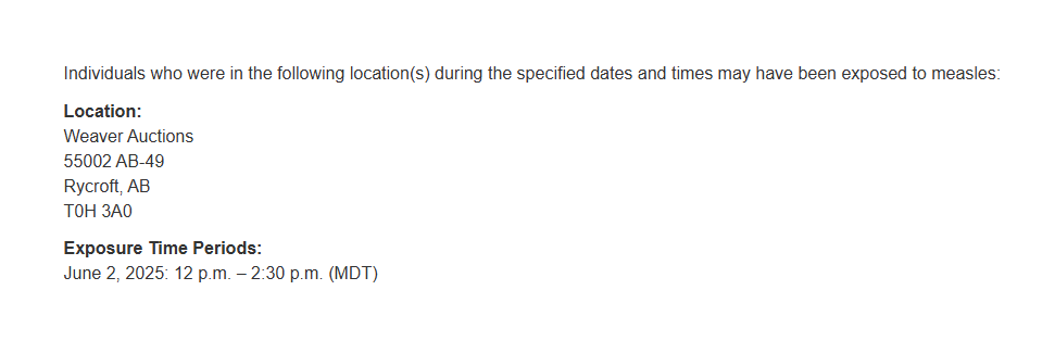 Alberta Health Services has been notified of people with confirmed measles in the North Zone who have been in a public setting while infectious. Additional locations may be released if necessary. Learn more at: albertahealthservices.ca/news/Page19112…