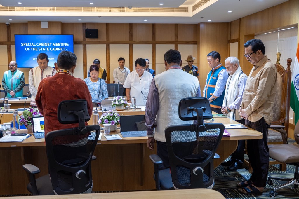We observed a one-minute silence during a special cabinet meeting at CMO, Itanagar, to pay tribute to the victims of the tragic air crash in Ahmedabad.

Hon’ble Governor of Arunachal Pradesh, Lt Gen (Retd) Shri KT Parnaik Ji, joined us as we stood in solemn remembrance of the