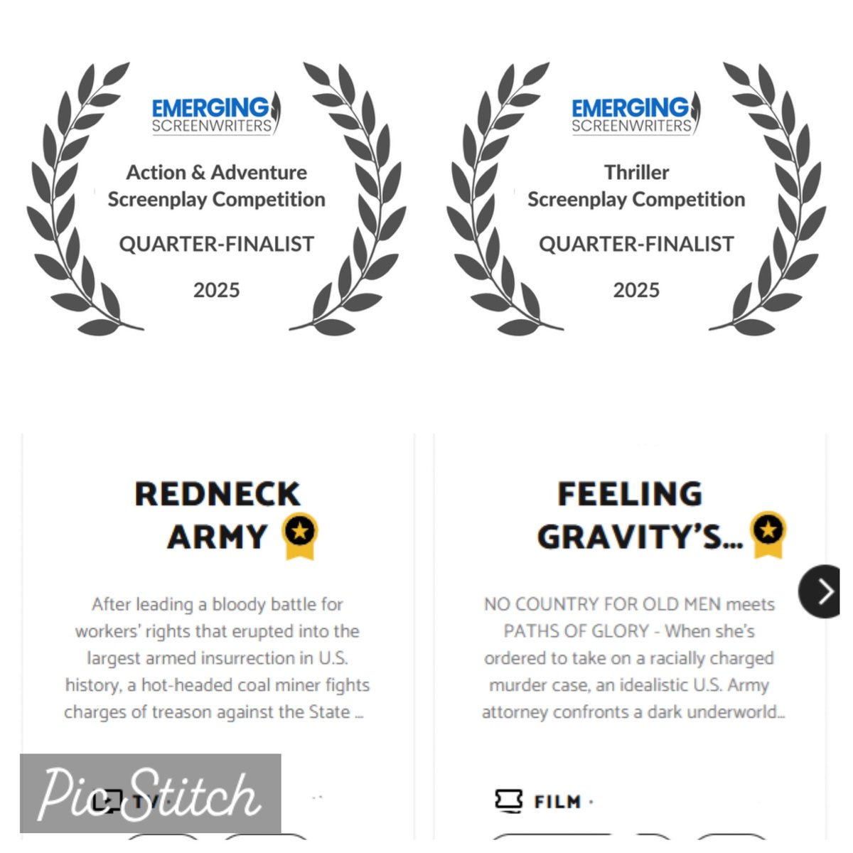 Gilgamark's tweet photo. #FeelingGravitysPull and #AMBER advance in #EmergingScreenwriters. FGP and #RedneckArmy are in @theblcklst Top 10 recommended scripts. Good week!
Check 'em out: https://t.co/2uiJBQG62Z
@NetworkISA #NetworkISA #TheBlackList #screenwritingtwitter #screenwriting #writingcommunity https://t.co/e0LXgrNrVP