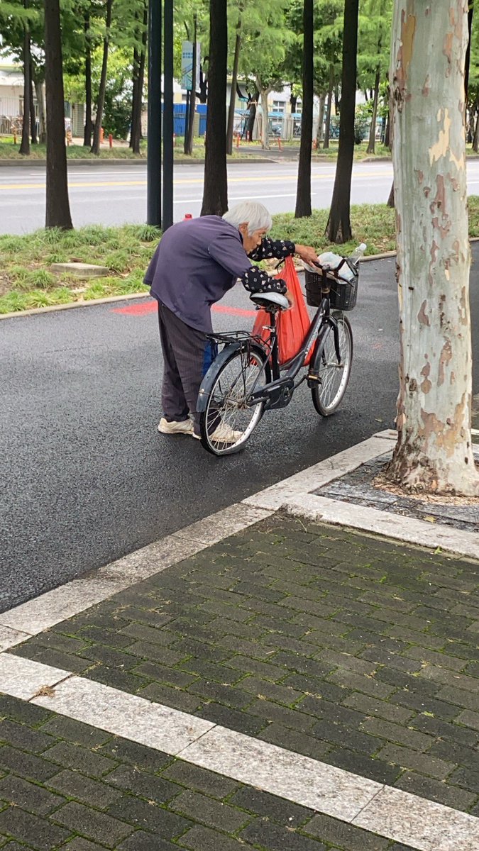 enzoDouble's tweet photo. 老阿姨车子后轮坏了🙁，弯着腰，推着车。
老阿姨走累了，弯着腰休息一会。 https://t.co/r3x79OAiqf