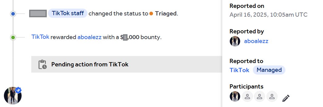 Just got my first reward from tikotk on <a href="/Hacker0x01/">HackerOne</a>🥳 
hackerone.com/aboalezz #TogetherWeHitHarder #bugbounty