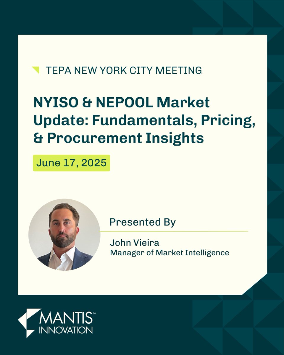 This week on June 17th at The Energy Professionals Association (TEPA) meeting in NYC, John Vieira, Manager of Market Intel here at Mantis, will be presenting on NYISO &amp; NEPOOL Market Update: Fundamentals, Pricing &amp; Procurement Insights. Check it out!

#MantisInnovation #TEPA