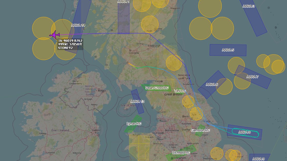 Andyyyyrrrr's tweet photo. 15:10 STONE 92 USAF KC-46/A Pegasus
Departed from Prestwick #EGPK and is Heading back to Pease #KPSM. Completed a Sortie in TOWLINE 8 First.
Shanwick has Cleared #STONE92 to Cross Waypoint #AMLAD at time 1426z / FL370.
Working Swan Mil 282.620
#STONE92 Tail : 16-46019 https://t.co/W2MVdkJtSL