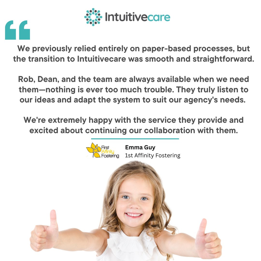 Great to be going into the weekend with a testimonial from another happy fostering agency - 1st Affinity Fostering Services. Thanks Emma!
#fosteringsoftware #1staffinityfostering #intuitivecare