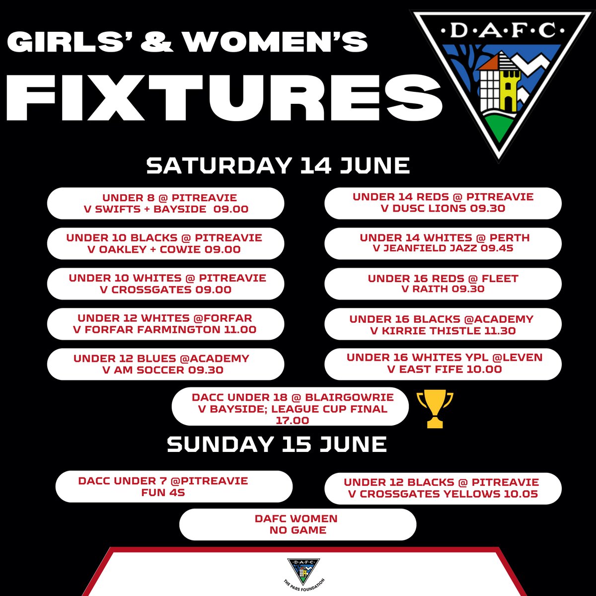 Girls' &amp; Women's Section Fixtures 🏁⚽️
Good luck to everyone participating this weekend in another action packed weekend of football. 
A special mention to our U18s who are in cup final action in Blairgowrie on Saturday afternoon. 🏆🖤🤍