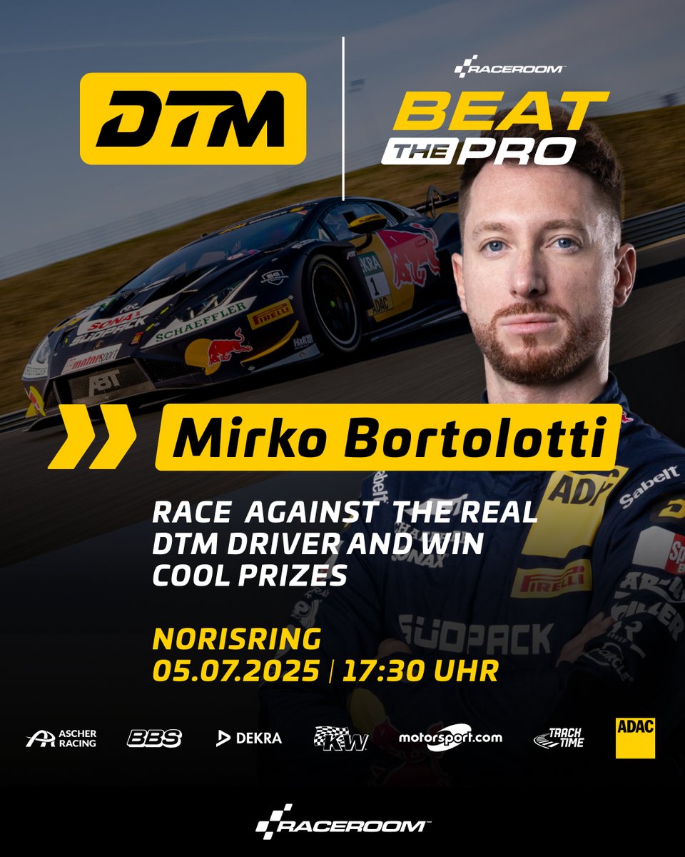 raceroom's tweet image. 🏆 Ready to test yourself against the best?

Take on Mirko Bortolotti in the #BeatThePro challenge at Norisring in his Lamborghini Huracán GT3 EVO II.

⏱ Beat his laptime
🎟 Win tickets for the DTM at Norisring 
🔥 Experience DTM like never before

#DTM #RaceRoom #SimRacing