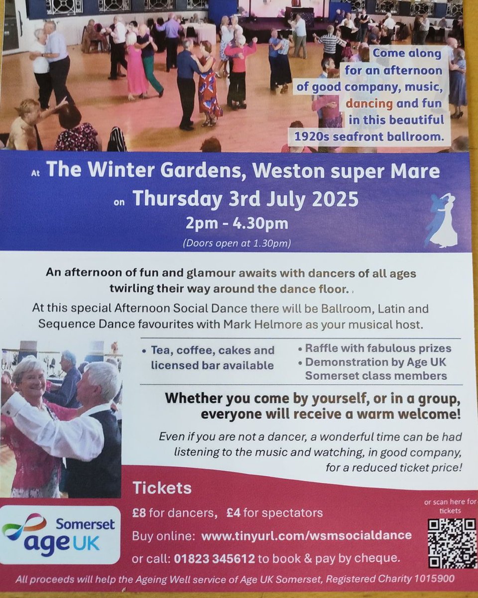Dance the afternoon away at Weston’s Winter Gardens! Enjoy music, dancing, and refreshments  Everyone is welcome.

📅 3rd July | 📍 Winter Gardens, Weston-super-Mare

Book now: eventbrite.co.uk/e/afternoon-so… or call 01823 345612

#SocialDance #CommunityEvent #AgeUKSomerset #TeaDance