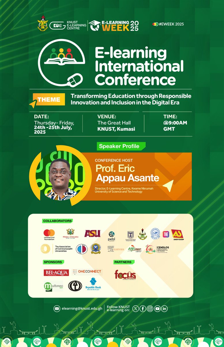 KNUST E-LEARNING CENTRE (@elearningknust) on Twitter photo ๐<a href="/Appau_Eric1/">Professor Eric Appau Asante</a> is back at it again.
Heโs the Director of the KNUST E-Learning Centre, and heโs hosting the E-Learning International Conference this July.
If youโve seen him speak, you know what to expect. If not, donโt miss it.
#EdTech
#elic2025 ๐<a href="/Appau_Eric1/">Professor Eric Appau Asante</a> is back at it again.
Heโs the Director of the KNUST E-Learning Centre, and heโs hosting the E-Learning International Conference this July.
If youโve seen him speak, you know what to expect. If not, donโt miss it.
#EdTech
#elic2025