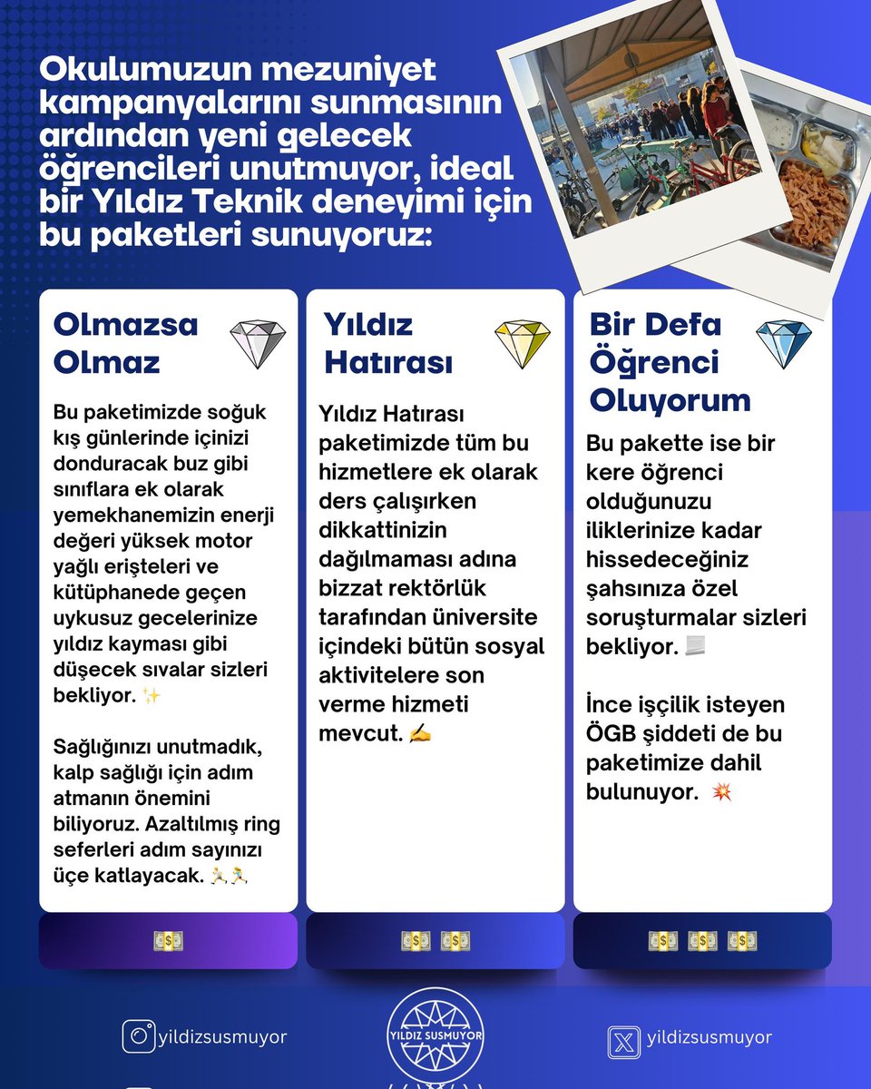 Okulumuzun mezuniyet kampanyalarını sunmasının ardından yeni gelecek öğrencileri unutmuyor, ideal bir Yıldız Teknik deneyimi için bu paketleri sunuyoruz: