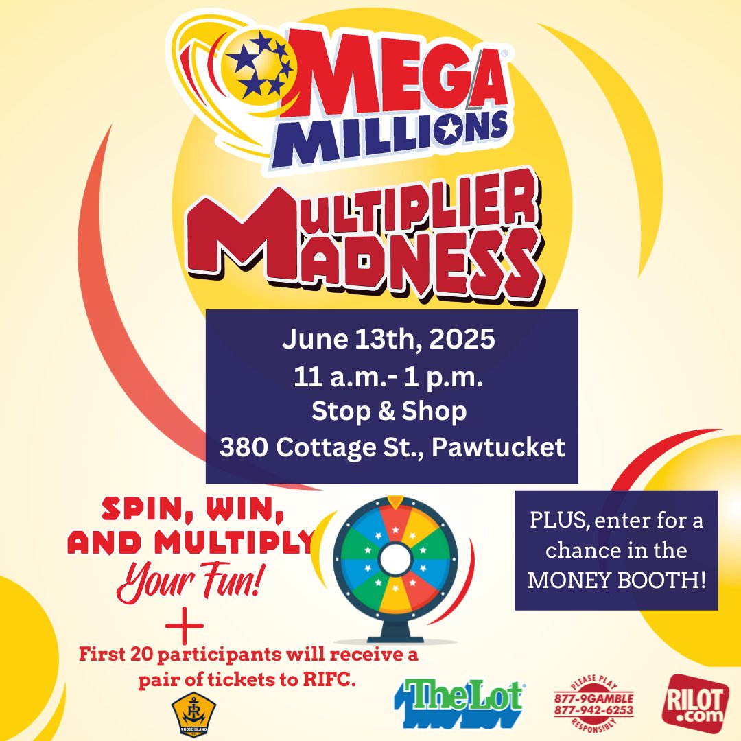 Join us for our final Mega Millions Multiplier Madness event this Friday, June 13, at <a href="/StopandShop/">Stop & Shop</a>  (380 Cottage St., Pawtucket) from 11AM–1PM!
🎯 Buy $10 in Mega Millions
🎡 Spin the prize wheel to win Instant Tickets (win up to 10X!)