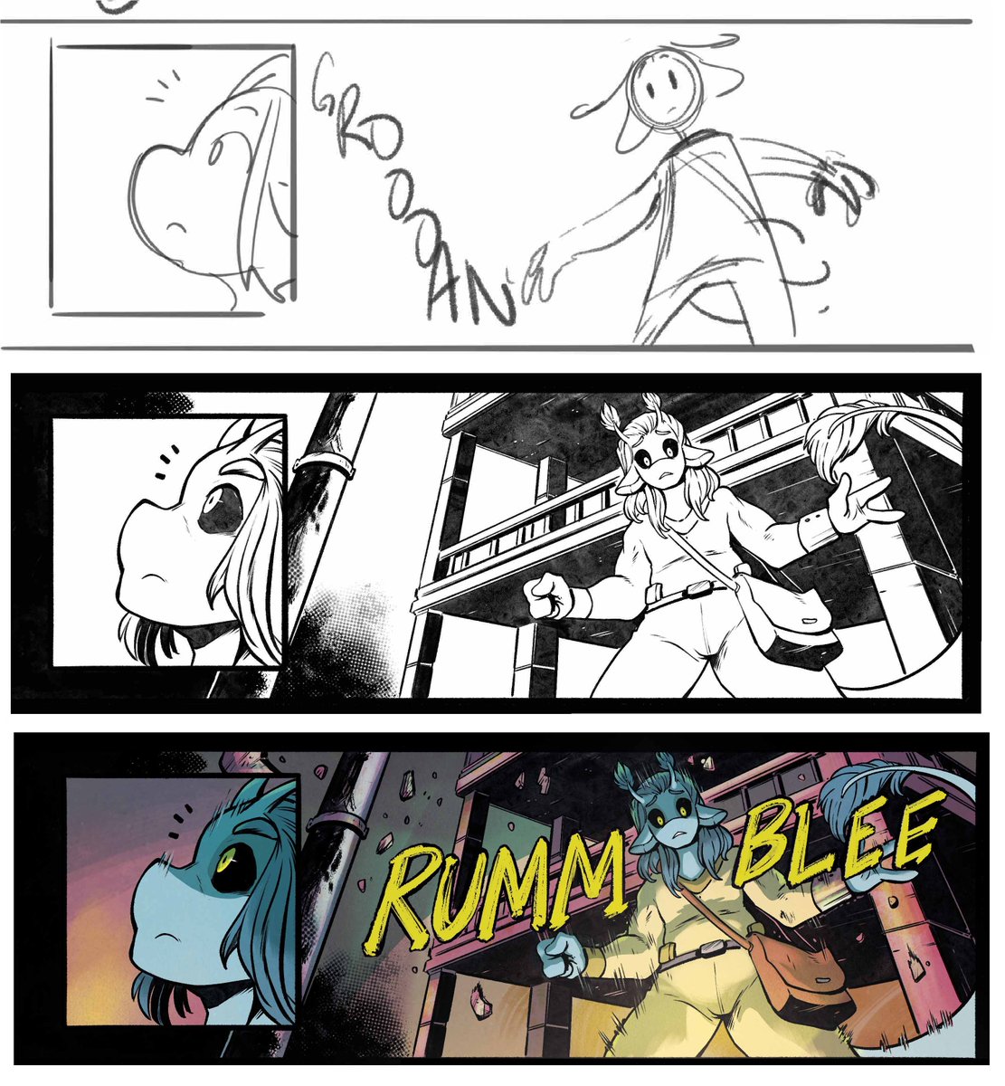 ParapsychComic's tweet image. Wanted to share some thumbnail to (almost) finished panel work. It's amazing how small iterations to the original result in such dramatic changes.
Art: @jamilsart.bsky.social
Colors: instagram.com/zoso97/?hl=it
#IndieComics #Scalies #Progress