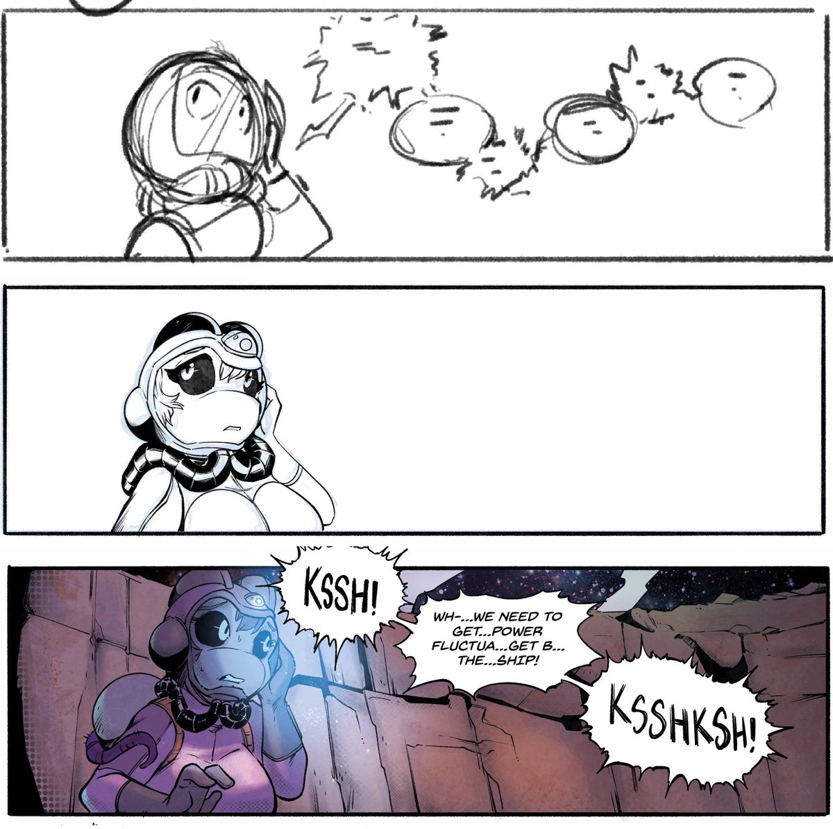 ParapsychComic's tweet image. Wanted to share some thumbnail to (almost) finished panel work. It's amazing how small iterations to the original result in such dramatic changes.
Art: @jamilsart.bsky.social
Colors: instagram.com/zoso97/?hl=it
#IndieComics #Scalies #Progress