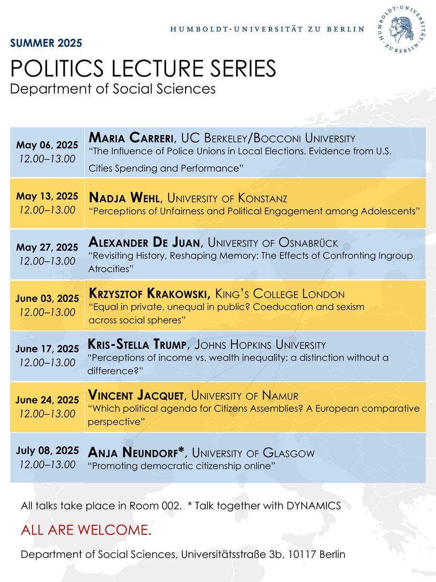 Bastian Becker (@beckerbastian) on Twitter photo 📢Come and join the Politics Lecture Series <a href="/HumboldtUni/">Humboldt-Universität zu Berlin</a> Berlin next week:
Kris-Stella Trump, JHU (<a href="/kstrump/">Kris-Stella Trump</a>)
"Perceptions of Income vs Wealth Inequality: A distinction without a difference?"
When? Tuesday, June 17, 12pm
Where? ISW #002
All welcome! 📢Come and join the Politics Lecture Series <a href="/HumboldtUni/">Humboldt-Universität zu Berlin</a> Berlin next week:
Kris-Stella Trump, JHU (<a href="/kstrump/">Kris-Stella Trump</a>)
"Perceptions of Income vs Wealth Inequality: A distinction without a difference?"
When? Tuesday, June 17, 12pm
Where? ISW #002
All welcome!