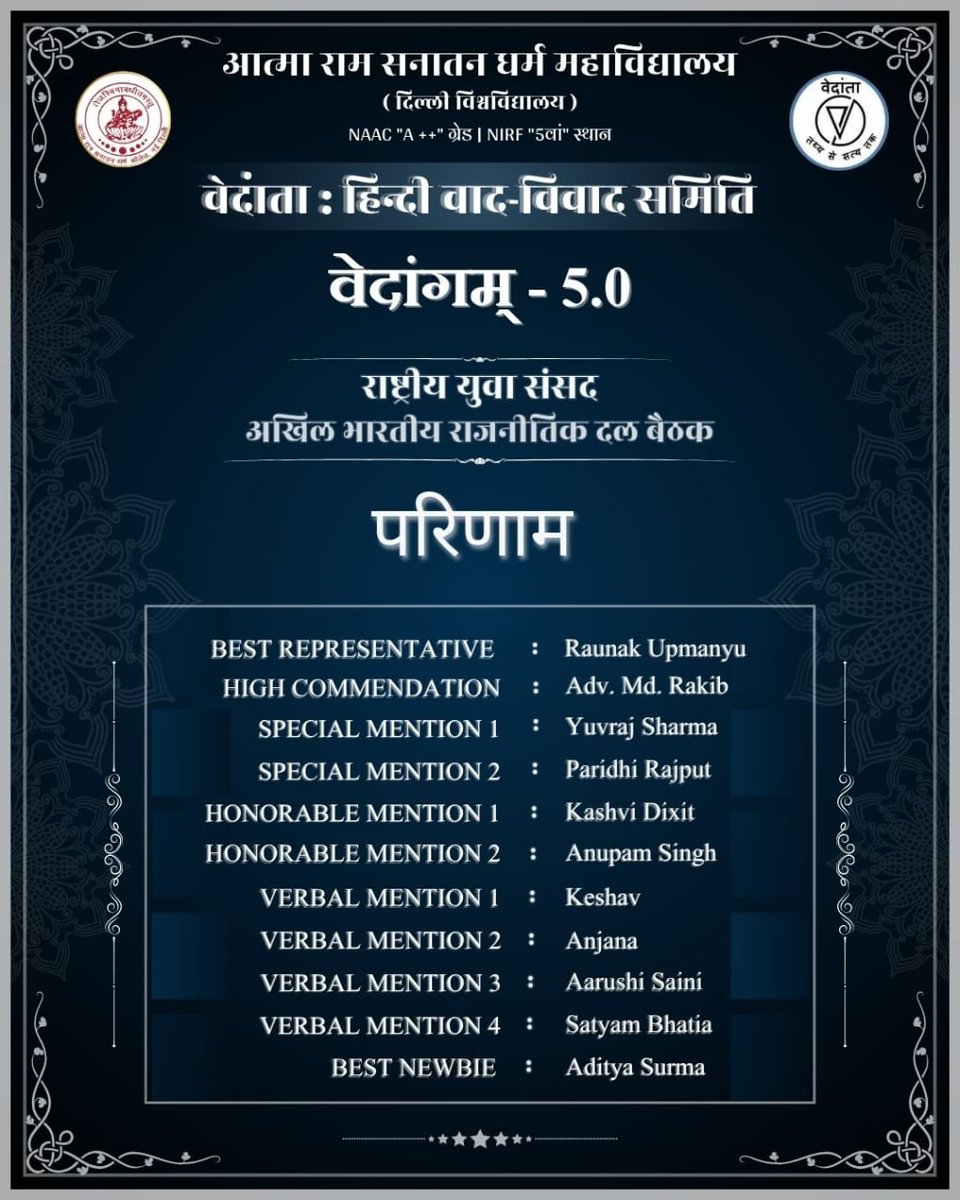ArsdVedanta's tweet photo. समिति द्वारा दिनांक 10-12 मार्च 2025 को वार्षिकोत्सव वेदांगम् (पंचम संस्करण) के अंतर्गत राष्ट्रीय युवा संसद प्रतियोगिता का सफलतापूर्वक आयोजन हुआ। इस प्रतियोगिता में भाग लेने वाले सभी प्रतिभागियों को उनकी भागीदारी के लिए धन्यवाद। विजेताओं को बधाईयां! https://t.co/dsD1CrCFF3