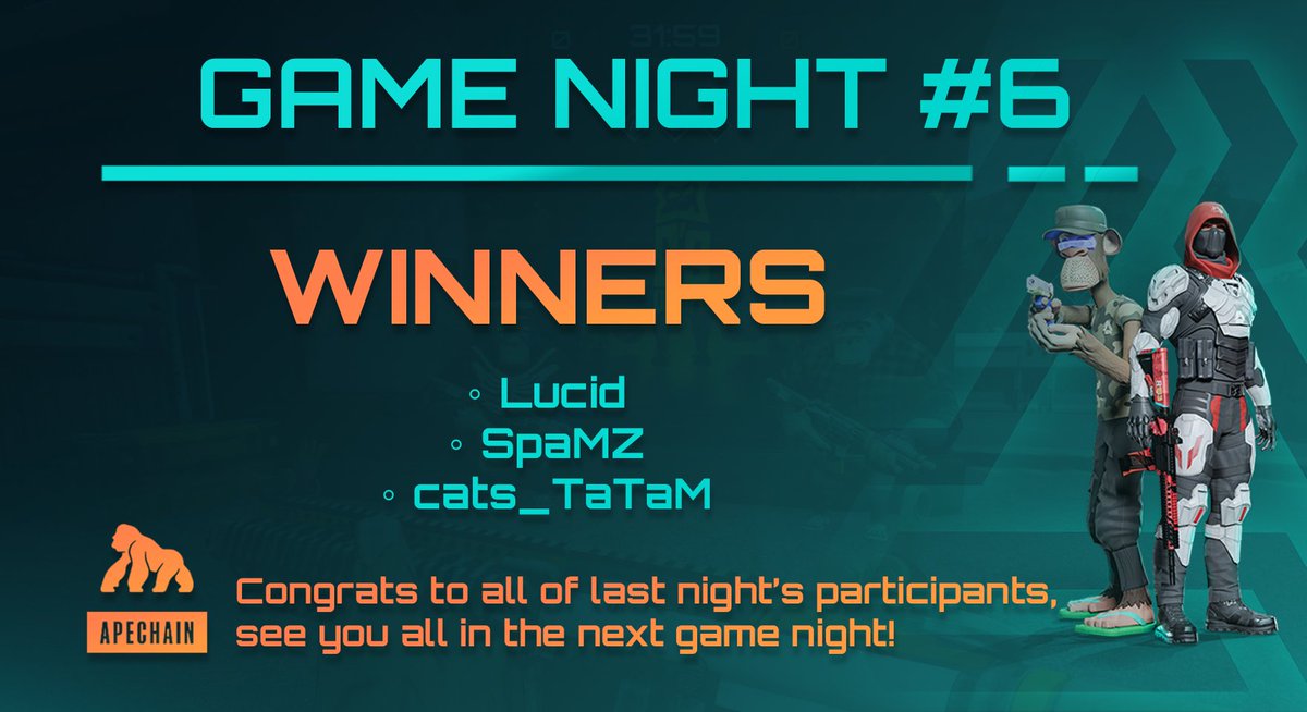 Alternates (@alternatesgame) on Twitter photo 🏆 Game Night #6 Winners!
Big congrats to Cats, Lucid, and SpaMZ for showing out and taking the top spots in last night’s session!
As always, huge thanks to <a href="/ApeChainHUB/">ApeChainHUB</a> for letting us host another amazing night of gameplay and community energy🔥
Stay tuned for next week!🎮 🏆 Game Night #6 Winners!
Big congrats to Cats, Lucid, and SpaMZ for showing out and taking the top spots in last night’s session!
As always, huge thanks to <a href="/ApeChainHUB/">ApeChainHUB</a> for letting us host another amazing night of gameplay and community energy🔥
Stay tuned for next week!🎮