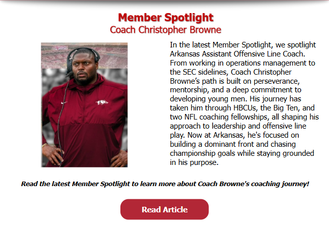 National Coalition of Minority Football Coaches (@ncmfc1) on Twitter photo Powered by his love for the game and developing young men, <a href="/CoachBrowne72/">Christopher Browne, MBA</a> has worked his way to the SEC.
Learn more about the <a href="/RazorbackFB/">Arkansas Razorback Football</a> Assistant OL coach’s journey and what he's learned along the way.
📰: bit.ly/MemberSpotligh…
#JoinTheCoalition
#PreparePromoteProduce Powered by his love for the game and developing young men, <a href="/CoachBrowne72/">Christopher Browne, MBA</a> has worked his way to the SEC.
Learn more about the <a href="/RazorbackFB/">Arkansas Razorback Football</a> Assistant OL coach’s journey and what he's learned along the way.
📰: bit.ly/MemberSpotligh…
#JoinTheCoalition
#PreparePromoteProduce