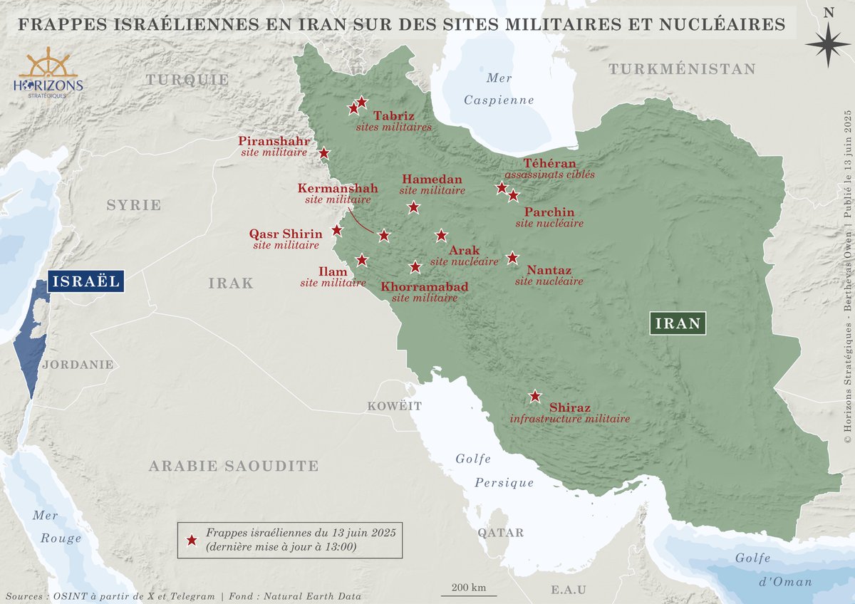 horizons_strat's tweet photo. 🇮🇷🇮🇱 Iran/Israël : bilan des frappes israéliennes

Tsahal a ciblé des hauts responsables iraniens, ainsi que des infrastructures militaires et des sites nucléaires.

Voici la synthèse cartographique du jour⬇️
(mise à jour le 13/06/25 à 13:00 UTC+2)

#Iran #Israel #IDF #IRGCN https://t.co/HcR1tZdy0c