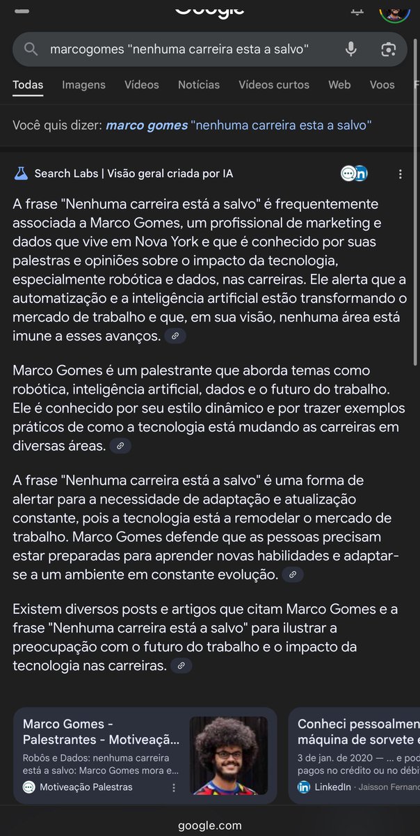 o robô de IA do Google me surpreendeu com esta resposta :)

>> A frase "Nenhuma carreira está a salvo" é frequentemente associada a Marco Gomes […] a automatização e a inteligência artificial estão transformando o mercado de trabalho e nenhuma área está imune a esses avanços.