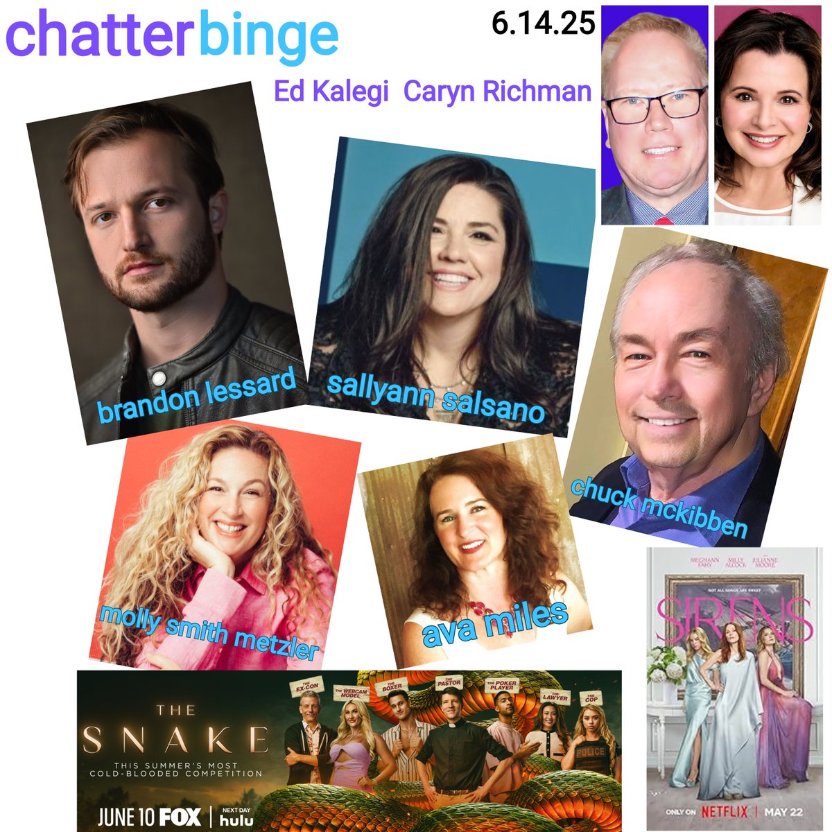 This week on Chatterbinge from Audio 1 with Ed Kalegi &amp; Caryn Richman: Brandon Lessard, SallyAnn Salsano, Molly Smith Metzler, Ava Miles, Robert Boris, &amp; Chuck McKibben. Ed &amp; Caryn ask: the book or the movie, talk about feeling at home while traveling, and the state of eldercare.