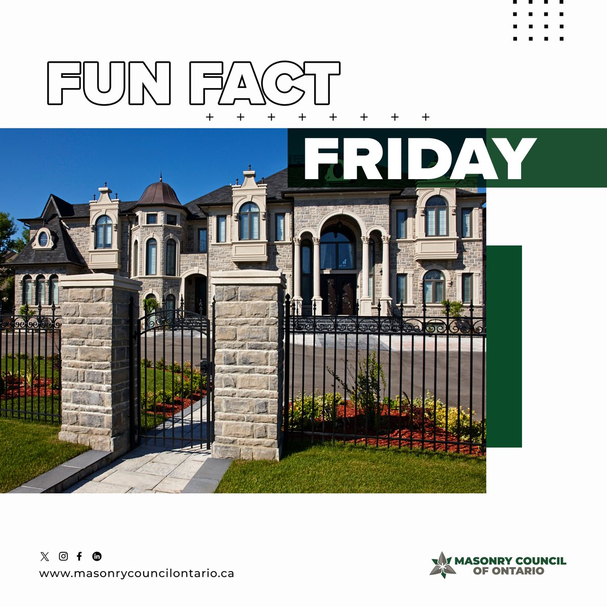 MasonryCouncil's tweet photo. AESTHETIC APPEAL: Masonry offers a variety of textures, colors, and finishes allowing for creative and attractive architectural designs. The appearance of masonry can improve over time as it weathers naturally and that's a fact! 
.
.
.
.
#Brick #Block #Stone #FunFactFriday https://t.co/GSflF0byzh