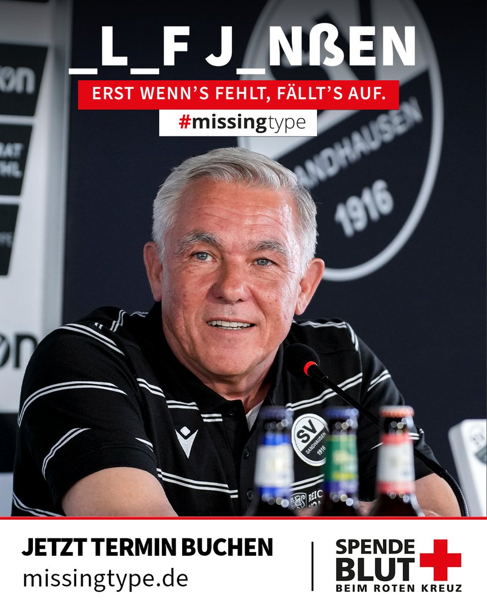 SV_Sandhausen's tweet image. Erst wenn's fehlt, fällt's auf! 🩸

Auch bei uns fehlen heute am #Weltblutspendetag A, B und O. Jetzt Blutspendetermin buchen! ➡️ missingtype.de 

#missingtype #blutspende #SVS1916 #WirEchtAnders