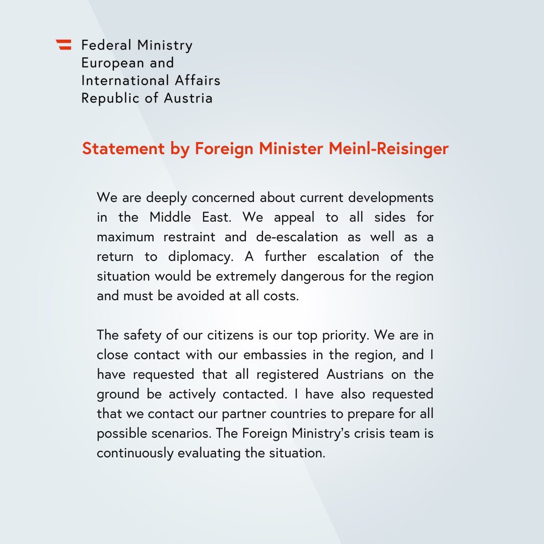 Statement by Foreign Minister Meinl-Reisinger on current developments in the Middle East <a href="/BMeinl/">Beate Meinl-Reisinger</a>