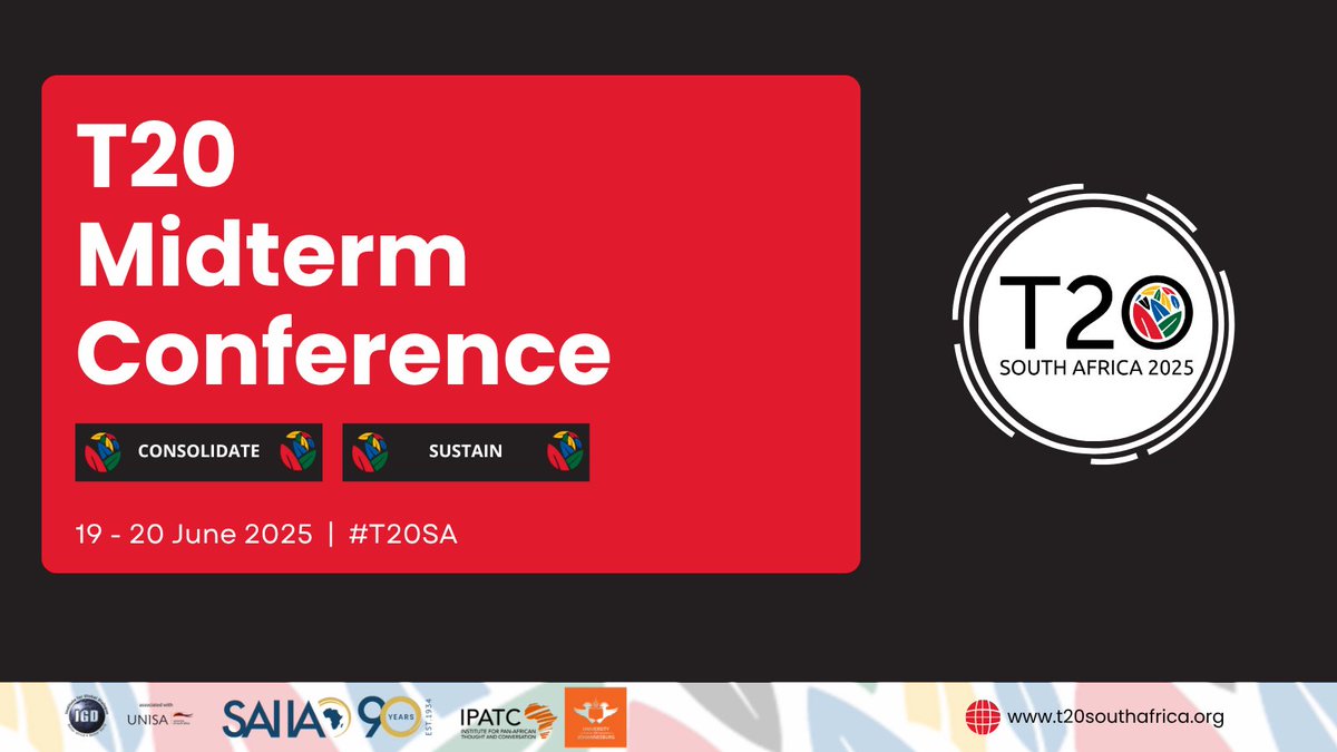 T20 South Africa (@t20org) on Twitter photo The T20 South Africa Midterm Conference will be held on 19-20 June.
We'll be assessing the progress of our five thematic Task Forces, strengthening collaborations and refining policy outputs ahead of the <a href="/g20org/">G20 South Africa</a> Summit.
Stay tuned for more details: t20southafrica.org/events/t20-sou… The T20 South Africa Midterm Conference will be held on 19-20 June.
We'll be assessing the progress of our five thematic Task Forces, strengthening collaborations and refining policy outputs ahead of the <a href="/g20org/">G20 South Africa</a> Summit.
Stay tuned for more details: t20southafrica.org/events/t20-sou…