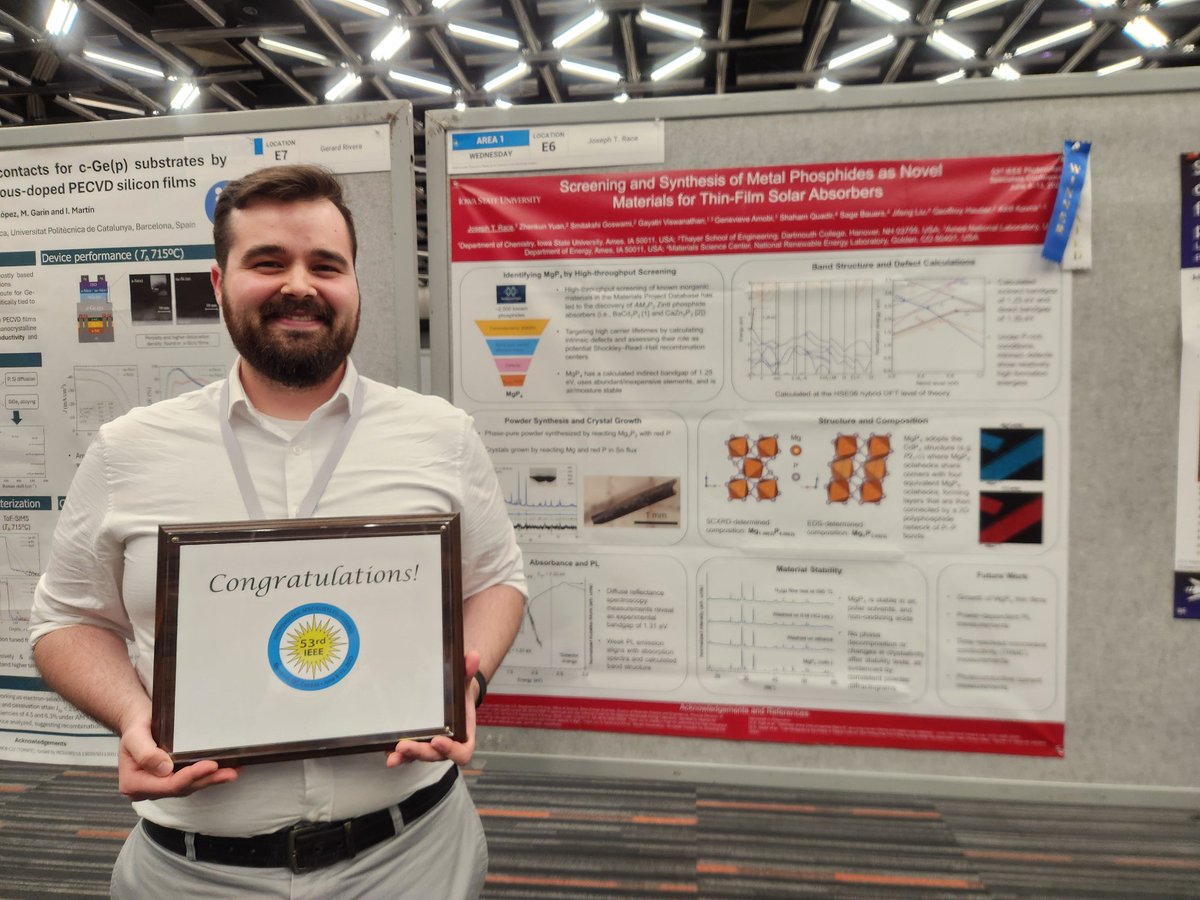 joseph_race's tweet photo. Our poster discussing novel metal phosphides as candidate solar absorbers won best poster in the area of "Fundamentals and New Concepts for Future Technologies" at @PVSC53. Great job to everyone involved with the work! https://t.co/3AlhpuLiY7