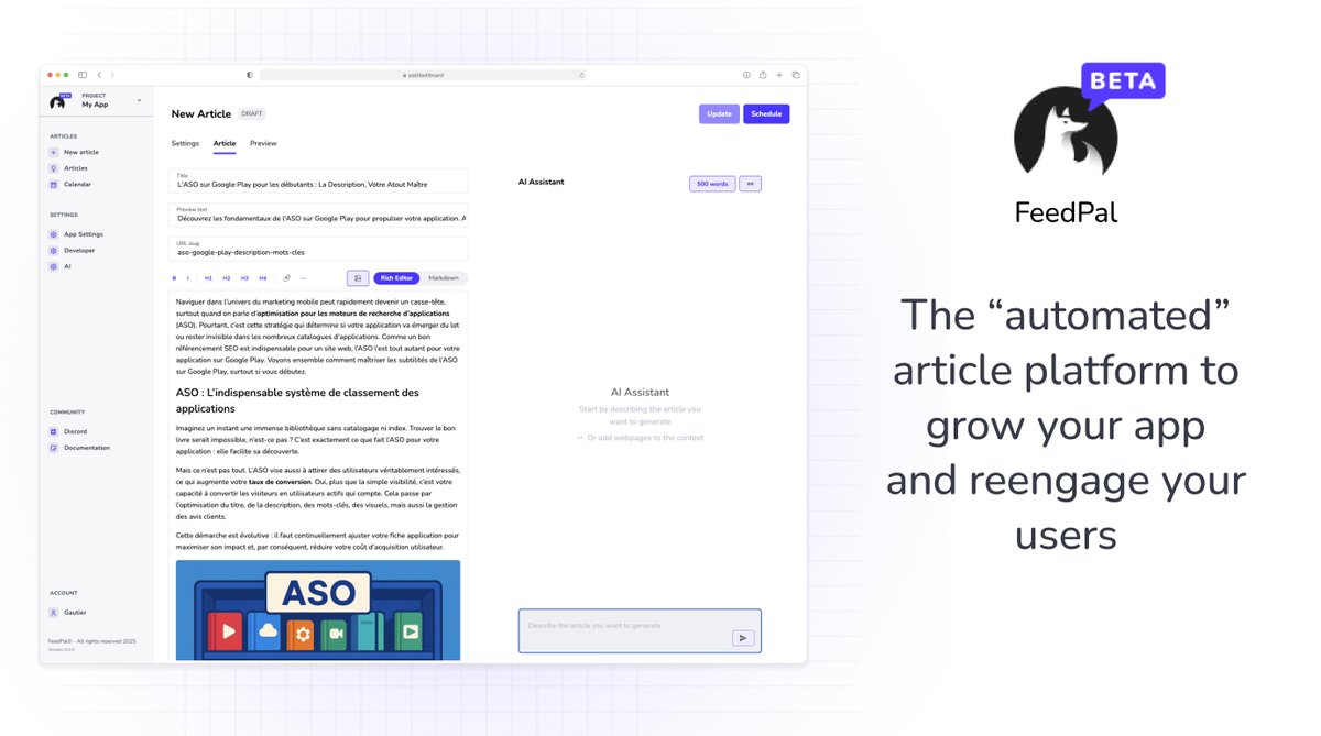 Some weeks ago I started to design this

It's ain't available yet as I really want to release this with a best in class experience

This will be like what <a href="/tibo_maker/">Tibo</a> is doing with Outrank but
- for mobile app growth focus
- with an AI assistant mode so AI doesn't write article
