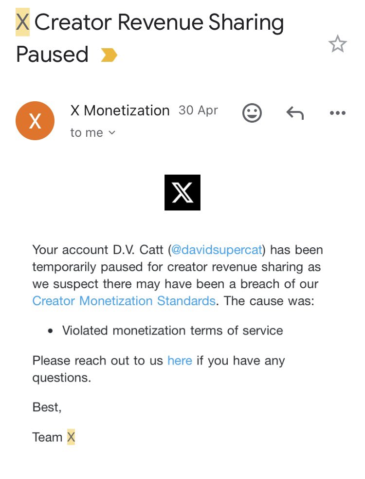 <a href="/XUK/">X UK</a> Please help. My revenue sharing has been paused for weeks now. I don’t know why. I have sent you many messages requesting clarification and received zero response. 
I’m just a little guy who posts pictures of cats and indulges in a little light banter. No politics. Nothing