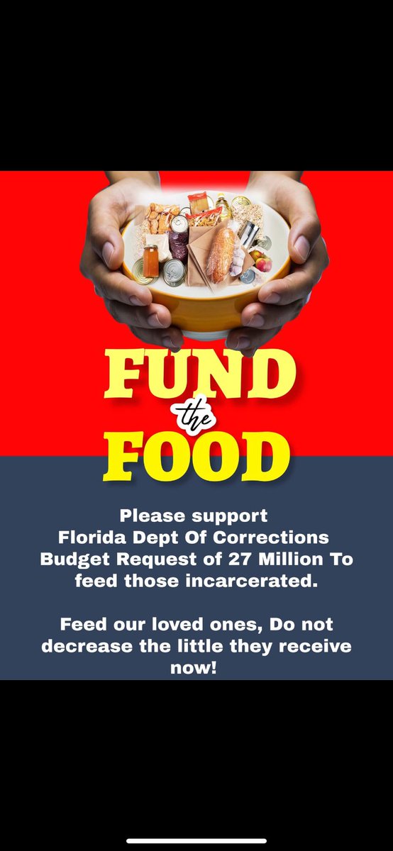 Diane Wojcik (@birdseyeview45) on Twitter photo Please fund the food, as the food costs and number of incarcerated have increased. They receive such small quantities as it is.
<a href="/Daniel_PerezFL/">Daniel Perez</a> @Fl_Corrections @Florida_Cares Please fund the food, as the food costs and number of incarcerated have increased. They receive such small quantities as it is.
<a href="/Daniel_PerezFL/">Daniel Perez</a> @Fl_Corrections @Florida_Cares