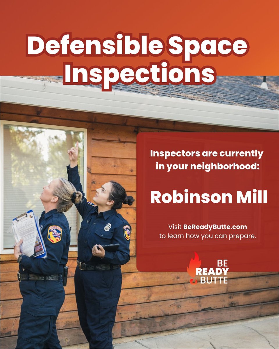 bereadybutte's tweet image. Hi Robinson Mill,

Defensible Space Inspectors from Butte County Fire/CAL FIRE will be in your area over the next few weeks to ensure your property is in compliance.
For more information on how to prepare your property, click here: na2.hubs.ly/y0jt-m0

#bereadybutte