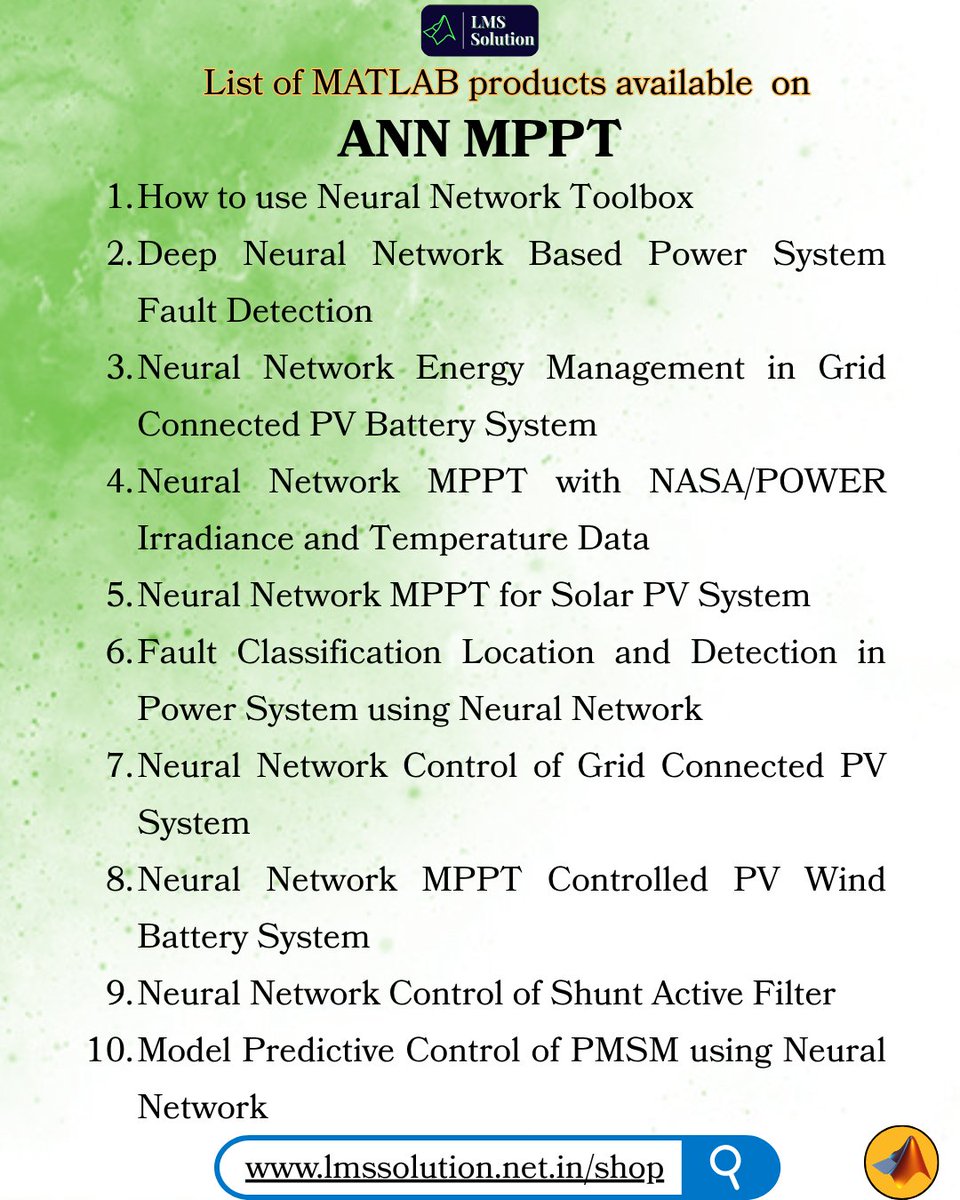 Lms_Solution's tweet image. Empower your research with ANN + MATLAB! 🚀 
📥 Grab your ready-to-use here:
🔗 zurl.co/EXjss
#MATLABProjects #ANNMPPT #NeuralNetwork #Simulink #RenewableEnergy #SolarPV #WindEnergy #SmartGrid #EnergyManagement #PowerSystem