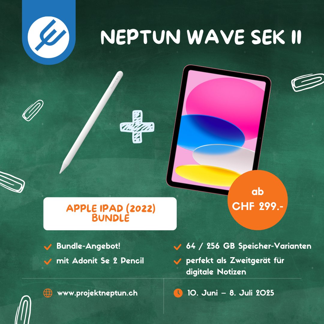 Schnapp dir das Apple iPad (2022) im Bundle mit dem Adonit SE 2 Stylus, ab CHF 299.-! Das perfekte Einsteiger-Tablet für digitale Notizen oder als Begleitgerät zu deinem MacBook.

Noch bis zum 8. Juli in der Neptun Wave Sek II
🫶 bit.ly/25p4neptun-x-i…
