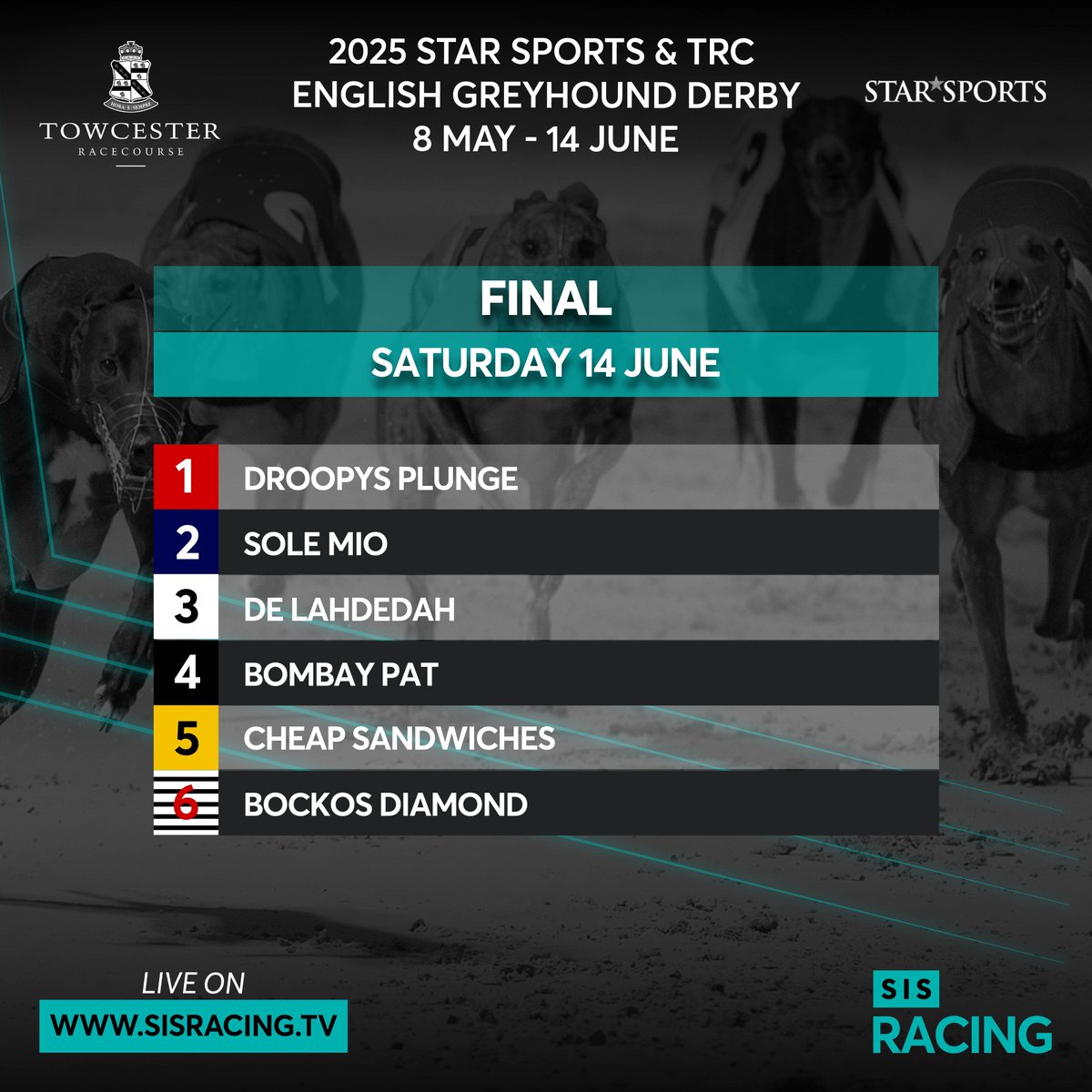 SISLtd's tweet image. 🏆 The Chase for Glory Ends Here! 🏆
The 2025 English Greyhound Derby Final is set for tomorrow night at Towcester Racecourse! After six thrilling weeks, only six elite greyhounds remain:
With £175,000 on the line and history in the making, who will take the crown? Don’t miss the…