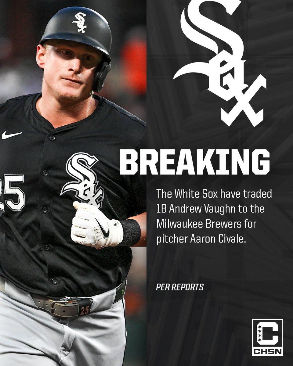 White Sox on CHSN (@chsn_whitesox) on Twitter photo 🚨BREAKING: The #WhiteSox have traded 1B Andrew Vaughn to the Brewers for pitcher Aaron Civale, per <a href="/JesseRogersESPN/">Jesse Rogers</a>. 🚨BREAKING: The #WhiteSox have traded 1B Andrew Vaughn to the Brewers for pitcher Aaron Civale, per <a href="/JesseRogersESPN/">Jesse Rogers</a>.