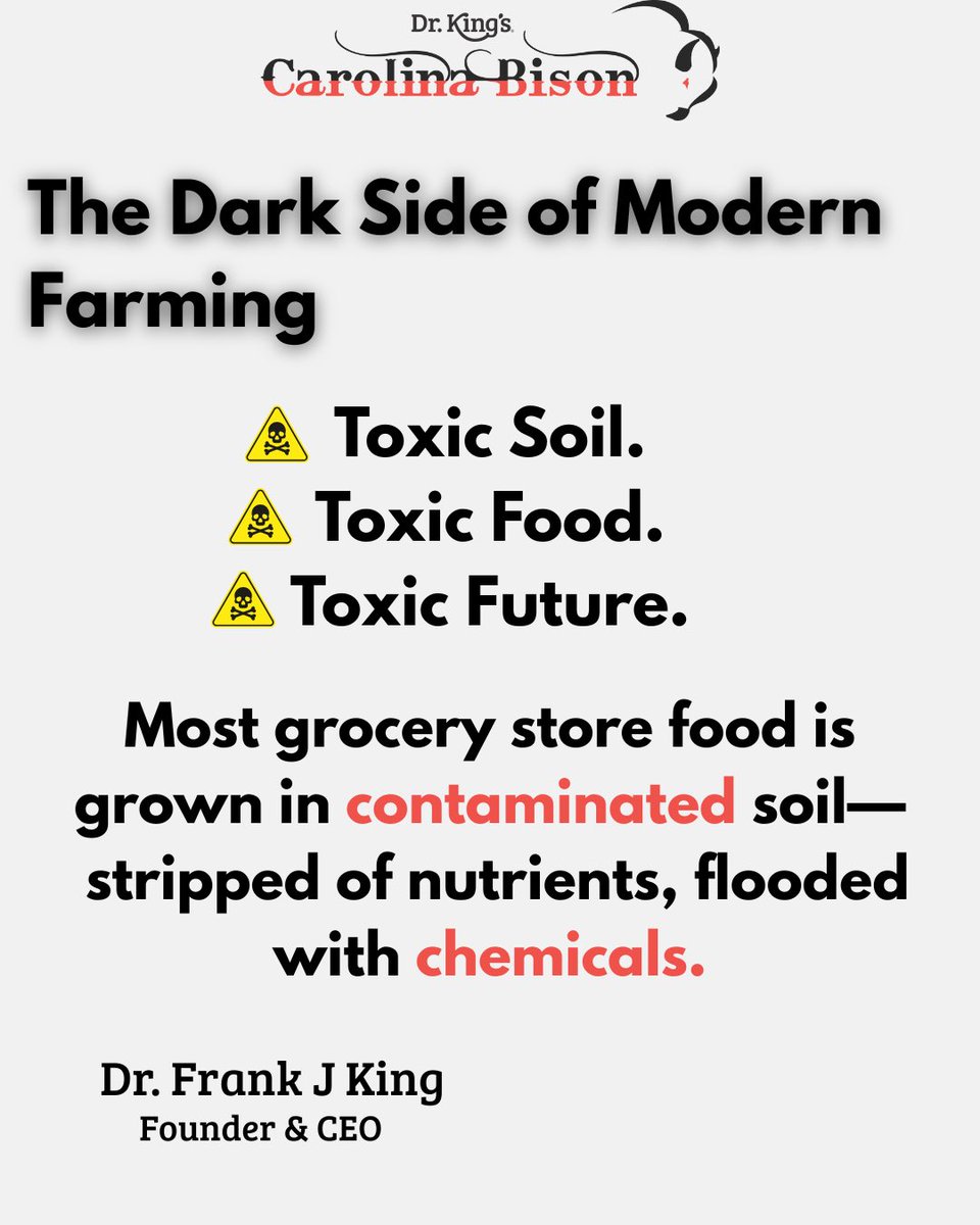 carolinabison's tweet photo. The dark side of agriculture.

🧪 Toxic soil
🥀 Nutrient-depleted food
💊 Rising disease

At Carolina Bison, we’re doing it differently.
Regenerative. Restorative. Real food.

#carolinabison #agriculture #regenerativefarming #health #healthysoilhealthyplanet #organic #cleanfoods https://t.co/CeSywRTXbT