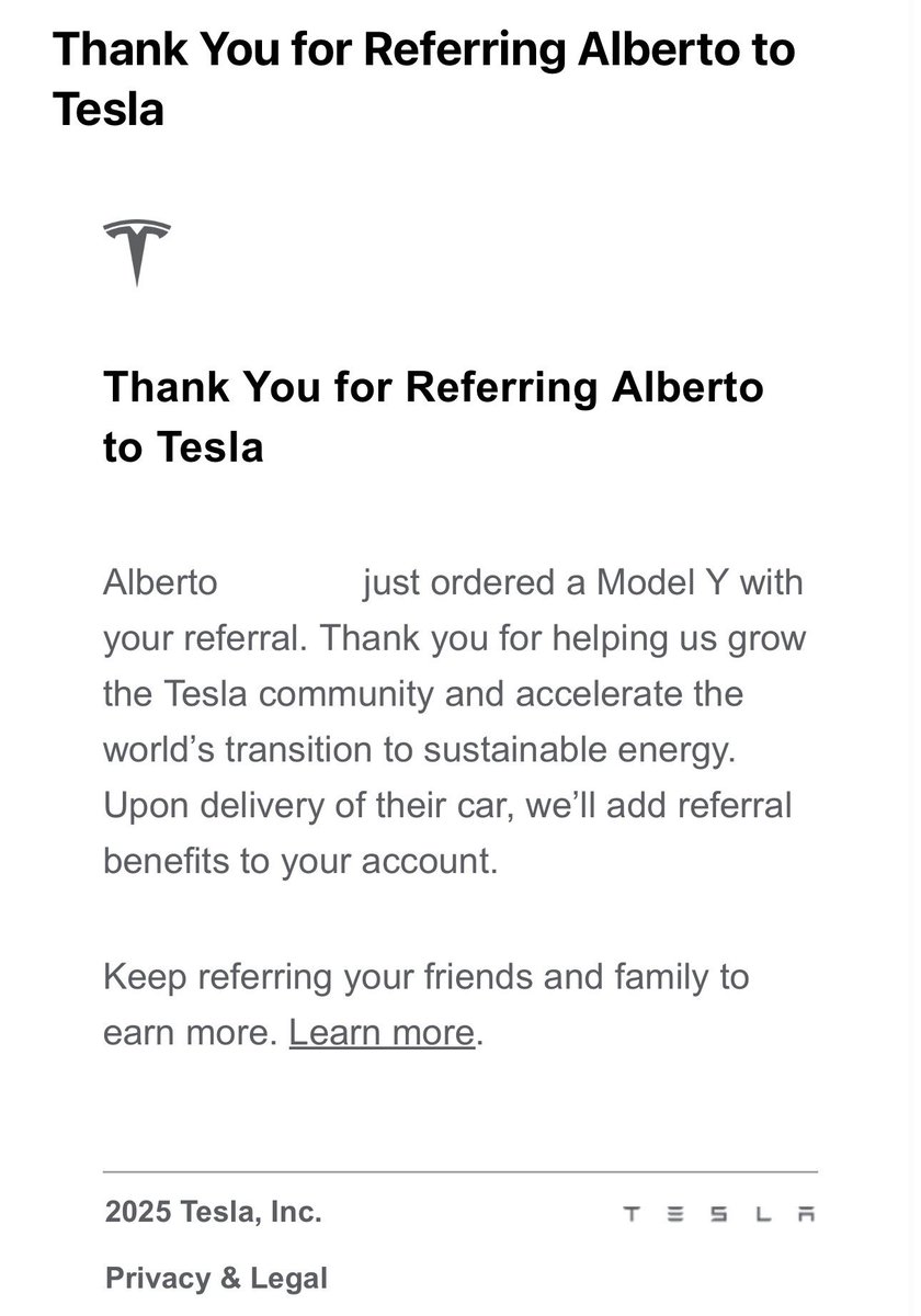 Thank you, Alberto, for using my referral link to purchase your new Tesla Model Y! It’s truly an amazing car, and you’re going to love it.  

I enjoy doing these shoutouts on X and my YouTube channel to show my appreciation for all of you. 💪

Get 3 months of Full Self-Driving