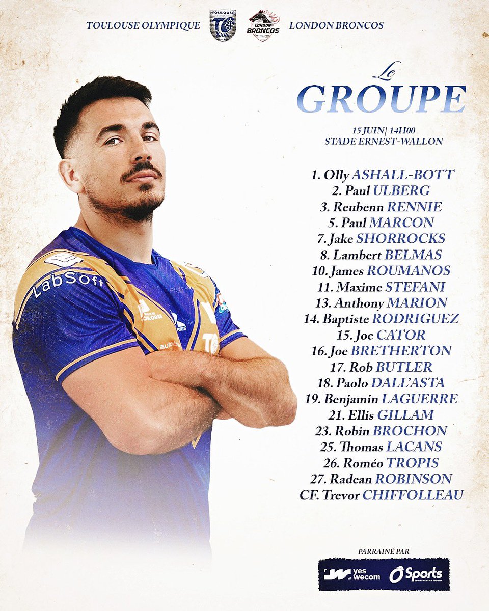 Toulouse Olympique XIII (@toxiii) on Twitter photo ๐๐ ๐ ๐ซ๐จ๐ฎ๐ฉ๐ ๐ฉ๐จ๐ฎ๐ซ ๐๐จ๐ง๐๐ซ๐๐ฌ ๐ฃ๐ก
Dรฉcouvrez les joueurs retenus pour affronter les <a href="/LondonBroncosRL/">London Broncos</a> ce dimanche ร 14h, au stade Ernest-Wallon ! ๐๏ธ
#TOgether ๐๐ ๐ ๐ซ๐จ๐ฎ๐ฉ๐ ๐ฉ๐จ๐ฎ๐ซ ๐๐จ๐ง๐๐ซ๐๐ฌ ๐ฃ๐ก
Dรฉcouvrez les joueurs retenus pour affronter les <a href="/LondonBroncosRL/">London Broncos</a> ce dimanche ร 14h, au stade Ernest-Wallon ! ๐๏ธ
#TOgether
