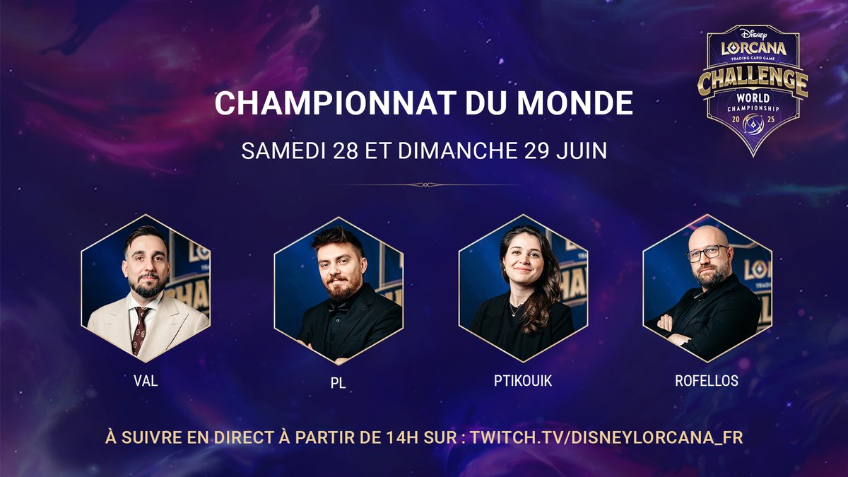 DisneyLorcanaFR's tweet image. Le Championnat du Monde de Disney Lorcana arrive à la fin du mois !

Suivez cet événement en direct sur notre chaîne Twitch, le samedi 28 et dimanche 29 juin à partir de 14H : twitch.tv/DisneyLorcana_…

Le plus haut niveau de la compétition sera commenté par @val_pl_mafr, @Ptikouik…