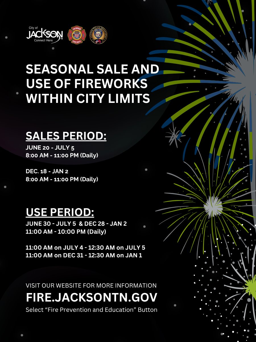 City of #JacksonTN to allow the Sale and Use of Fireworks within the City Limits. Read More: jacksontn.gov/government/com…