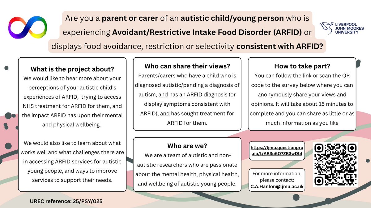 Are you a parent or caregiver of an autistic child or young person who is experiencing avoidant-restrictive food intake disorder? We would like to hear about your experiences.
Please follow the link below if interested👇

ljmu.questionpro.eu/t/AB3u6O7ZB3wD…