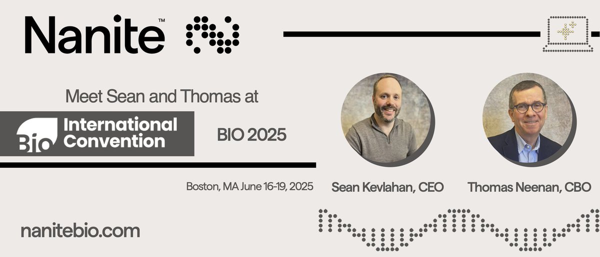 Our CEO <a href="/seankevlahan/">Sean Kevlahan</a> &amp; CBO Thomas Neenan will be at the largest event for biotech <a href="/IAmBiotech/">Biotechnology Innovation Organization</a> #BIO2025 next week!🤝

Let's connect in Boston to discuss partnerships around our technology🧬 🎯 🧫 

A preview is described on our website here: nanitebio.com/news/designing…