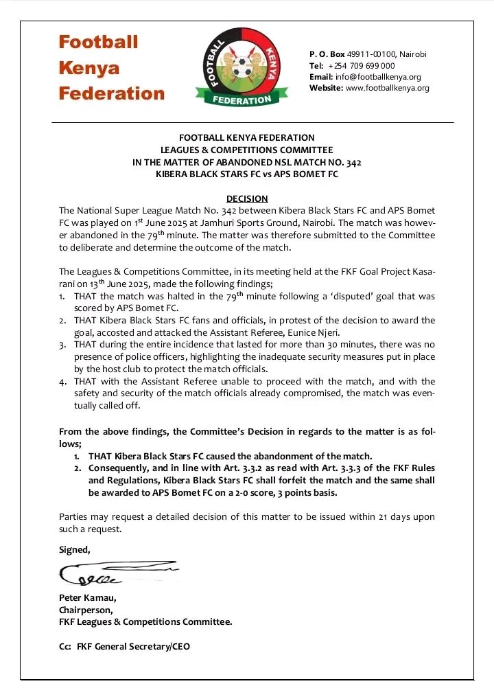 APSBOMETFC's tweet image. ROUND 35 MATCH UPDATE: Kibera Blackstars vs A.P.S Bomet

The verdict is out — We&apos;ve officially been awarded 3️⃣ points and 2️⃣ goals from the abandoned fixture.

📝 (Official document attached)

#FKFNSL 

#MunguMbele 

#TheBlackBerets
