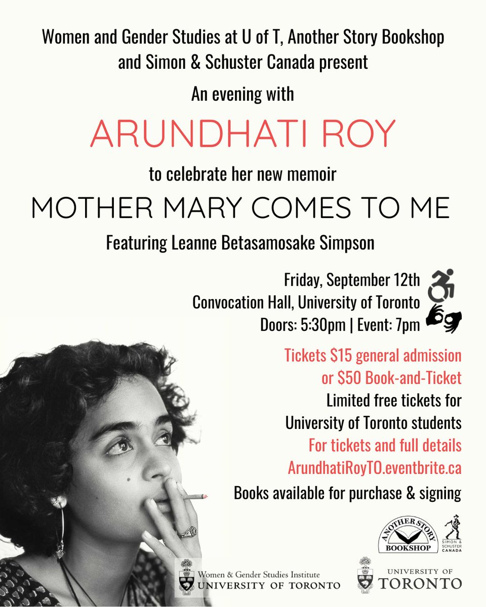 Political Science (@uoft_polsci) on Twitter photo On Sept 12, join legendary author, #Bookerprize winner and human rights activist Arundhati Roy <a href="/royarundhti/">Arundhati Roy</a> for an evening to celebrate her new memoir #MotherMaryComesToMe <a href="/UofT/">University of Toronto</a> which traces the complex relationship Arundhati had with her mother <a href="/wgsi/">WGSI UofT</a> <a href="/SimonSchusterCA/">Simon & Schuster CA</a>. On Sept 12, join legendary author, #Bookerprize winner and human rights activist Arundhati Roy <a href="/royarundhti/">Arundhati Roy</a> for an evening to celebrate her new memoir #MotherMaryComesToMe <a href="/UofT/">University of Toronto</a> which traces the complex relationship Arundhati had with her mother <a href="/wgsi/">WGSI UofT</a> <a href="/SimonSchusterCA/">Simon & Schuster CA</a>.
